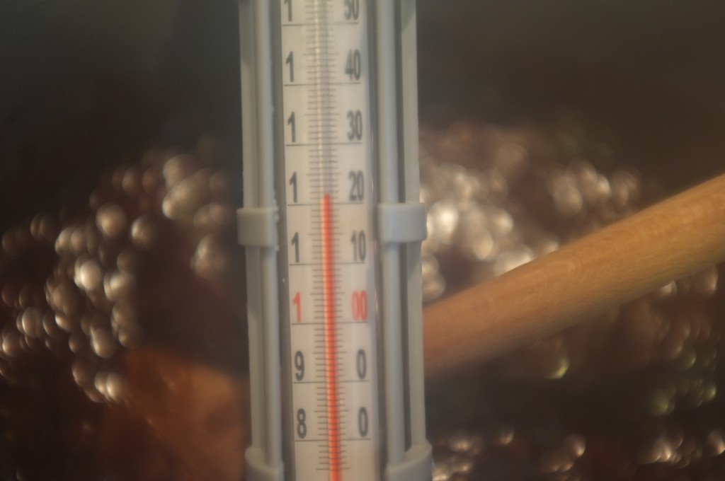 Le thermomètre à confiture indique bien 120°C après environ 7 minutes
