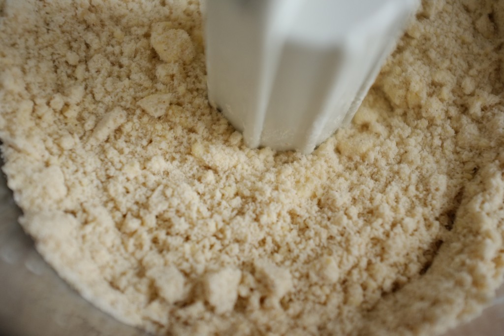 La pâte est d'abord d'une texture proche de la pâte sablée, on peut apercevoir les morceaux de beurre...