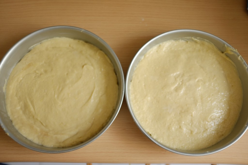 Les gâteaux avant d'être enfournés, la pâte sans gluten est divisée à dose égale dans les 2 moules puis lissée à la spatule en silicone mouillée