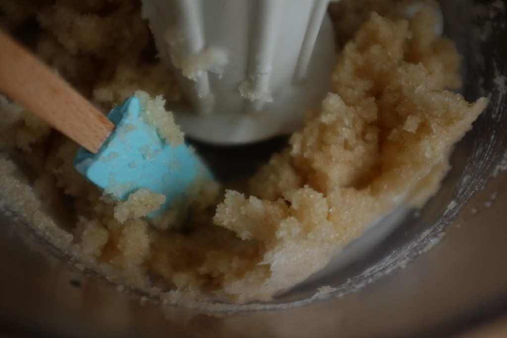 L'huile de coco est solide et blanche à température ambiante, je l'écrase donc avec une spatule pour son mélange avec le sucre dans le bol du mixeur