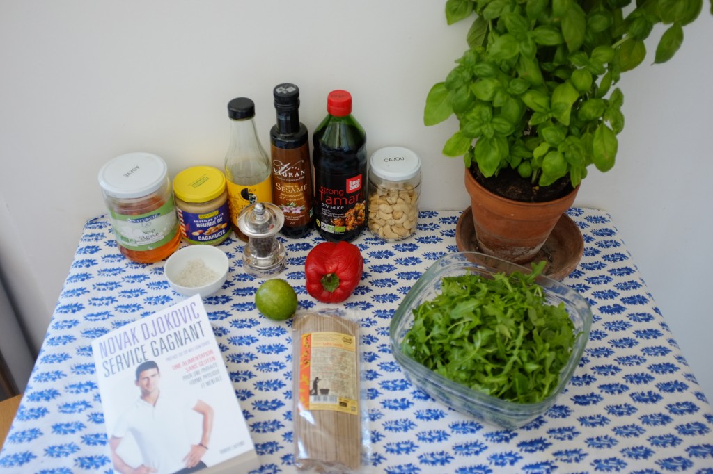 Les ingrédients sans gluten pour la salade soba épicée de Novak Djokovic . je n'ais pas mis de sauce tabasco car je ne la supporte malheureusement pas...