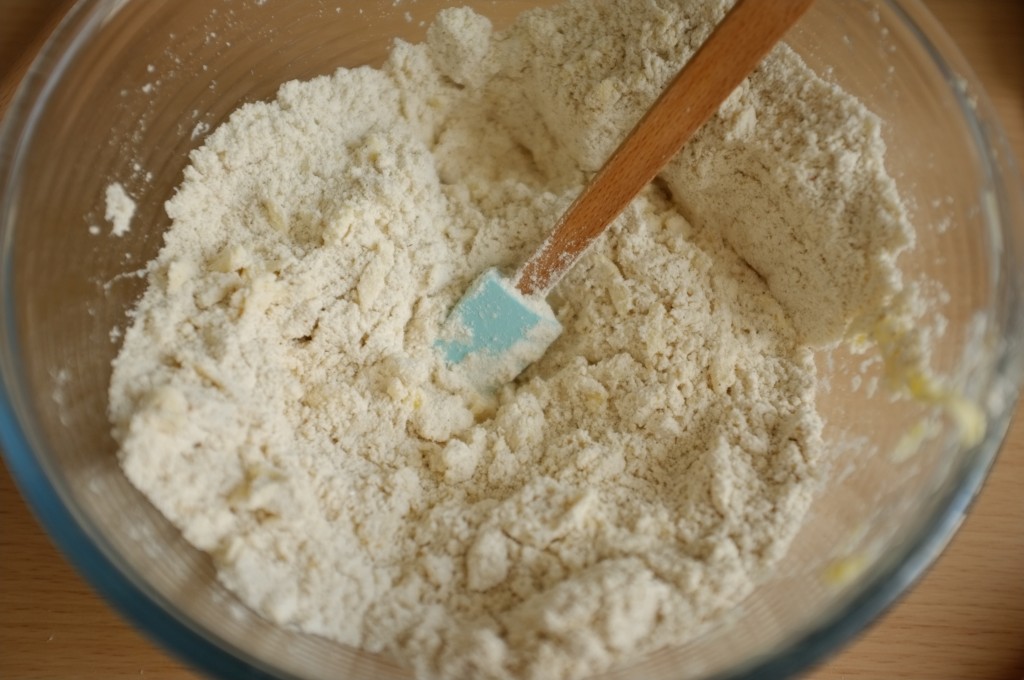Les ingrédients secs et le beurre mélangés ont une texture de pâte sablée