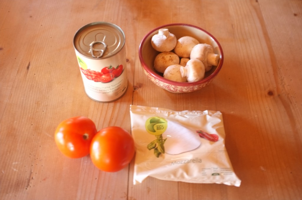 Les ingrédients pour la sauce à pizza. Pas sur la photo, j'ai ajouter de l'ail, un oignon jaune et du parmesan râpé pour donner du goût aux tomates de montagne