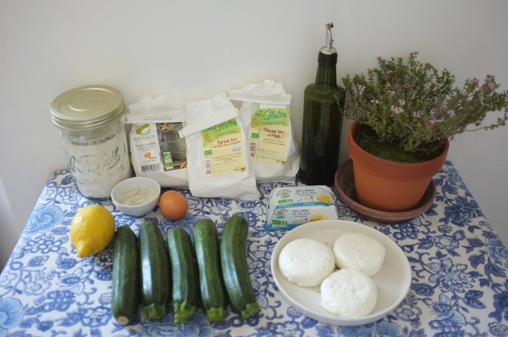 Les ingrédients sans gluten pour la tarte courgette et fromage de chèvre frais 