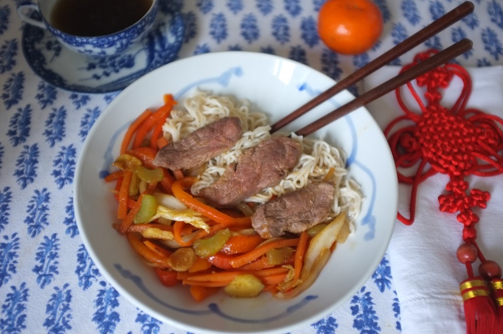 Recette sans gluten de nouilles chinoises, légumes et canard Clem Sans Gluten