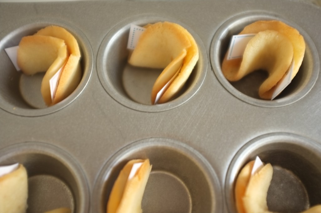 les "fortune cookie" chinois sans gluten refroidissent plié dans les cavité d'une plaque à mini muffins.