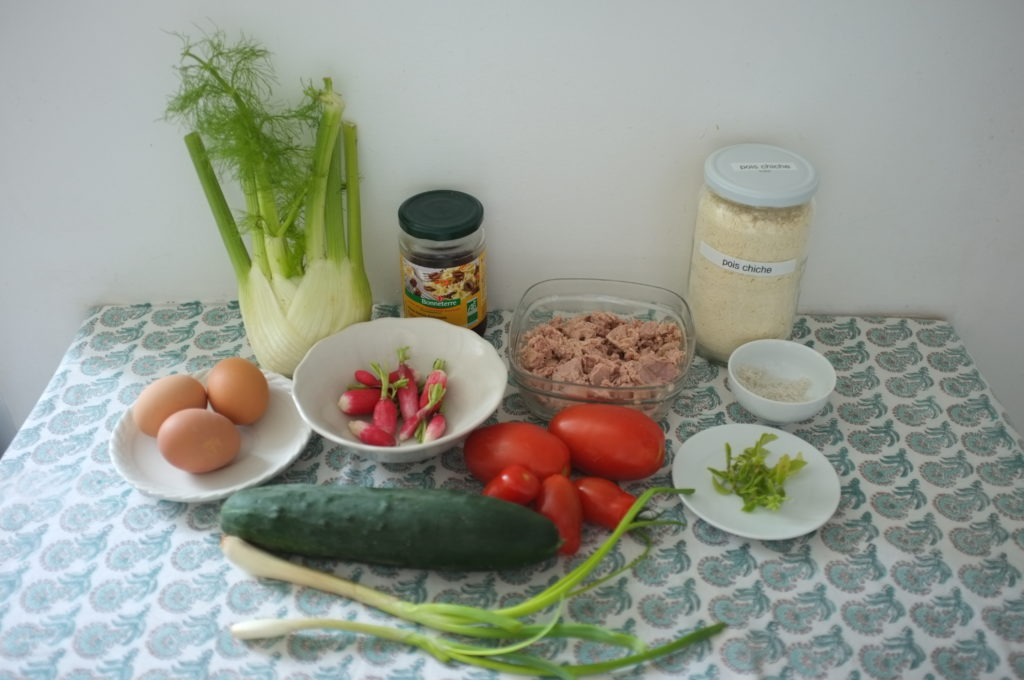 Les ingrédients pour réaliser la Socca: farine de pois chiche, fenouil, olives noires, radis, oeufs durs, concombre, tomates, cebette, basilic, thon, présentés sur une nappe verte.